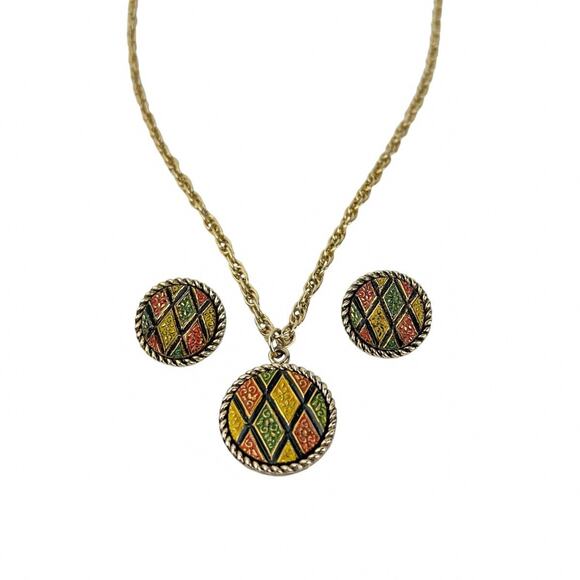 Sarah Coventry Mosaic Necklace Round Pendant and Clip Earrings Set Colorful Vtg - Picture 1 of 12